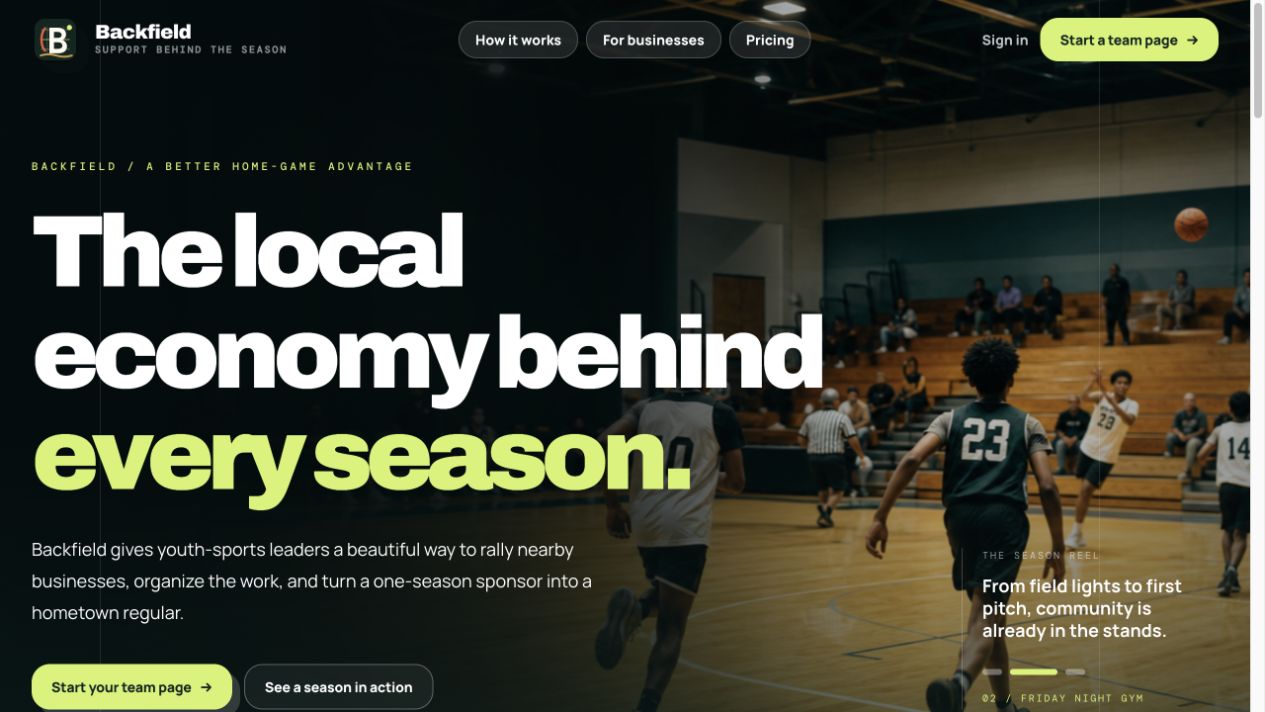 Backfield youth sports sponsorship platform homepage
